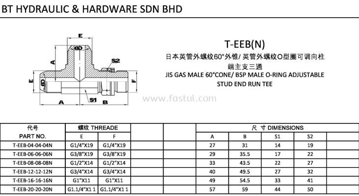 T-EEB(N) JIS GAS MALE 60CONE/ BSP MALE O-RING  ADJUSTABLE STUD END RUN TEE