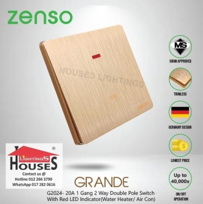 Zenso - Grande Series 20A 1Gang 2Way Double Pole Switch With Red LED Indicator (Water Heater Air Con) - Gold G2024