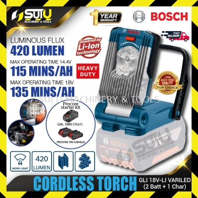 BOSCH GLI 18V-LI VARILED / GLI18V-LI VARILED 18V Cordless Torch / Work Light 420LM + 2 x Batteries + Charger