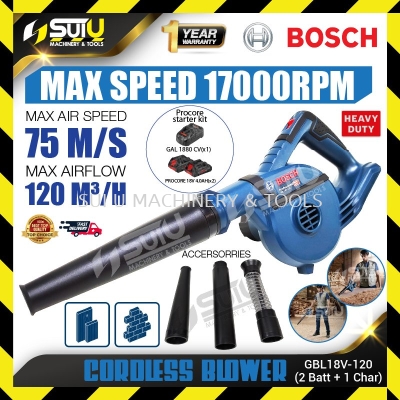 BOSCH GBL 18V-120 / GBL18V-120 / 0 601 9F5 1L0 18V Cordless Blower 17000RPM + 2 x Batteries 4.0Ah + Charger