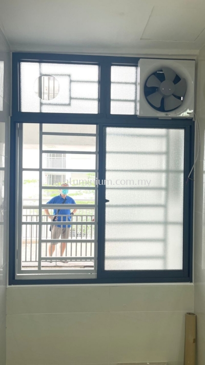 sliding windows 2 panel + Above fit ( powder coated Grey + Naco frosted glass) @Sausana Lumayan, permaisuri 2