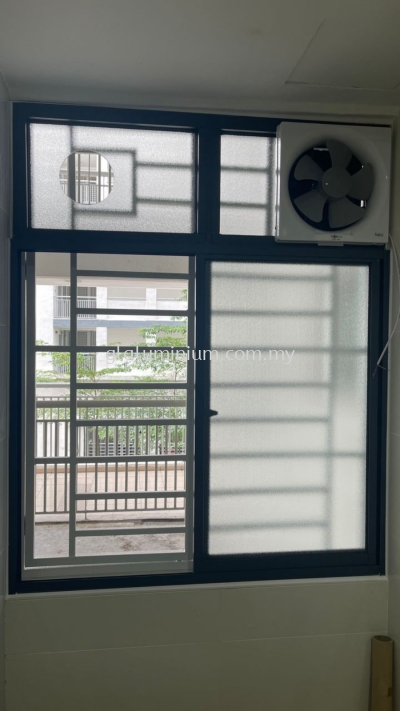 sliding windows 2 panel + Above fit ( powder coated Grey + Naco frosted glass) @Sausana Lumayan, permaisuri 2