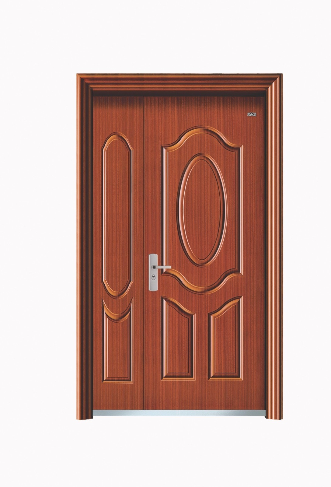Security Door : GB-Q1207 5ft X 7ft Wood Color Unequal Double Wing Security Doors Security Door Choose Sample / Pattern Chart