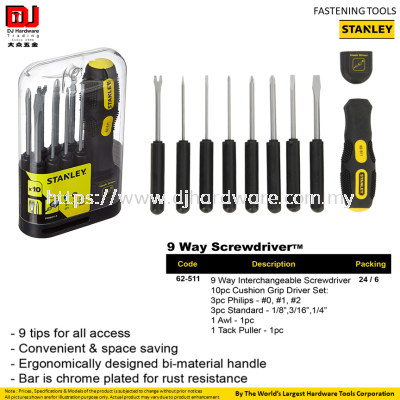 STANLEY FASTENING TOOLS SCREWDRIVER 9 WAY 62511 (CL)