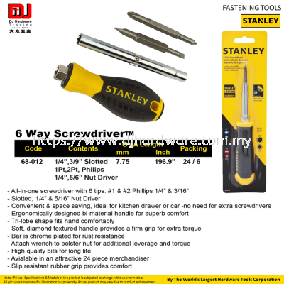 STANLEY FASTENING TOOLS SCREWDRIVER 6 WAY 68012 (CL)