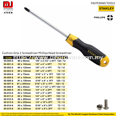 STANLEY FASTENING TOOLS CUSHION GRIP 2 SCREWDRIVER PHILLIPS HEAD 608 SERIES (CL)