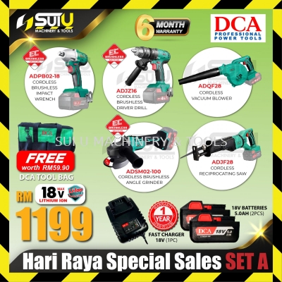 [SET A1] DCA RAYA CORDLESS COMBO SET ADPB02-18 +ADJZ16 + ADQF28 + ADSM02-100 + ADJF28 + 2 x Batteries 5.0Ah + Charger + Tools Bag