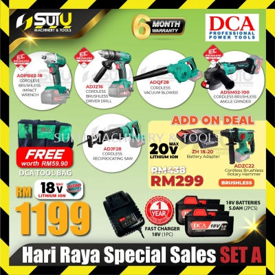 [SET A2 + PWP] DCA RAYA CORDLESS COMBO SET ADPB02-18 +ADJZ16 + ADQF28 + ADSM02-100 + ADJF28 + 2 x Batteries + Charger + Tools Bag + PWP (ADZC22 + ZH18-20