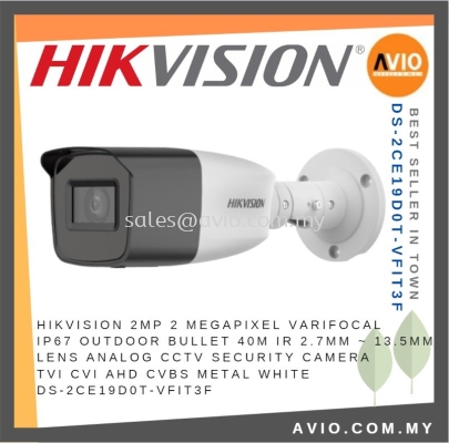 Hikvision 2MP 2 Megapixel Varifocal IP67 Outdoor Bullet 40m IR 2.7~13.5mm Analog CCTV Camera DS-2CE19D0T-VFIT3F(C)