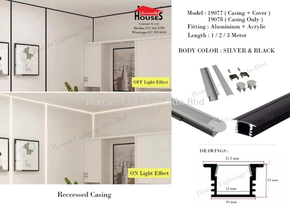 19077 | 19078 (1M 2M 3M) (BK SV) Led Aluminium Profile - Recessed