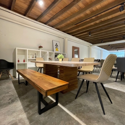 Marble Dining Table with Acacia Wood Base + Acacia Wood Bench + 5 Dining Arm Chairs