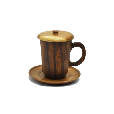 Coffee/Tea Cup w. Saucer & Lid Teak Wood (Set)