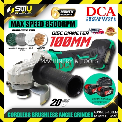 DCA ADSM03-100 / ADSM03-100EM 20V 4" Cordless Brushless Angle Grinder 8500RPM + 2 x Batteries 4.0Ah + Charger