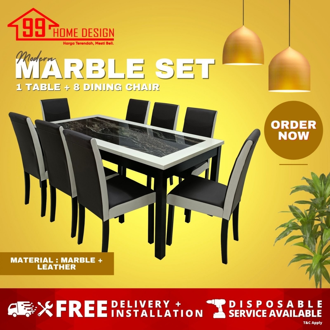 HY-802 1+8 Dining Set 8 Seater Marble / Stone Material Dining Set (Square)  Dining Furniture Choose Sample / Pattern Chart