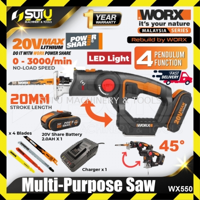 WORX WX550 20V 20MM 2 in 1 Cordless Multi-Purpose Saw 3000RPM with 1 x Battery 2.0Ah + 1 x Charger