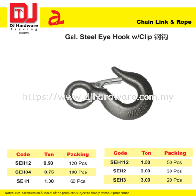 DJ CHAIN LINK & ROPE GALVANIZED STEEL EYE HOOK WITH CLIP 6 SIZE (CL)