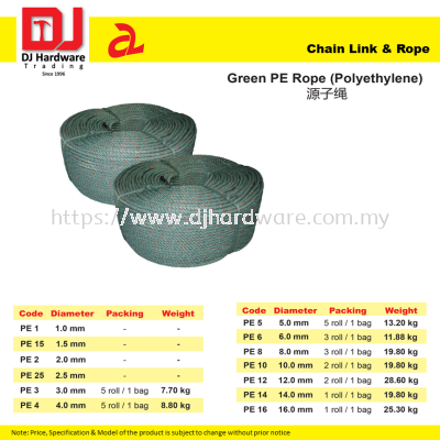 DJ CHAIN LINK & ROPE GREEN PE ROPE POLYETHYLENE 9 SIZE (CL)