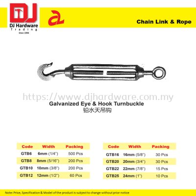 DJ CHAIN LINK & ROPE GALVANIZED EYE & HOOK TURNBUCKLE 8 SIZE (CL)