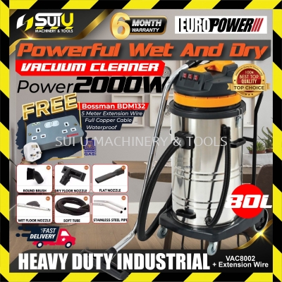 EUROPOWER VAC8002 80L Wet & Dry Stainless Steel Vacuum Cleaner 2000W + 5M Extension Wire