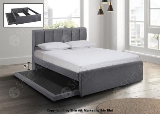 DB58536-PB (6''HB) Grey Fabric Channel Tufted Double Divan Bed with Pull Out Bed