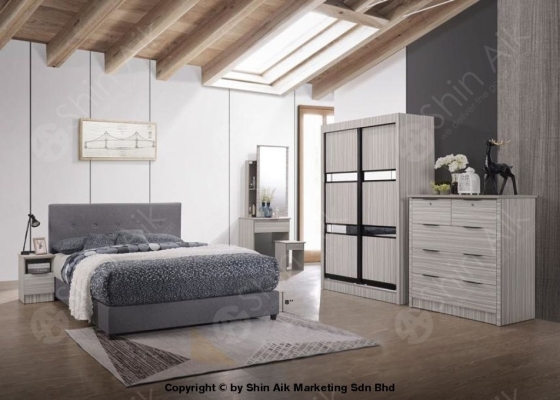 Set Katil Bilik : 9913 (4'ft) Stripe Poplar Modern Contemporary Bedroom Set With Fabric Divan Bed