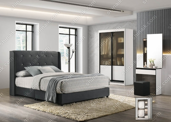 9921 (4'ft) White Golden Stripes Modern Bedroom Set With Velvet Fabric Divan Bed