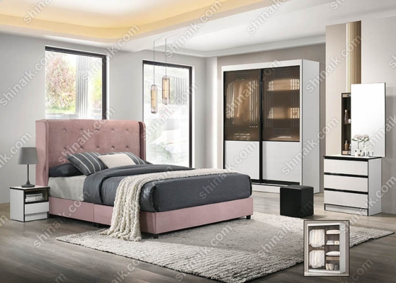 Bedroom Set : 9970 (5'ft) White Golden Stripes Modern Bedroom Set With Velvet Fabric Divan Bed
