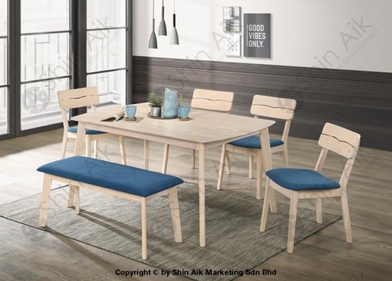 DC2215(KD) (6pax) Whitewash & Blue Mid-Century Fabric Upholstered Wooden Dining Set