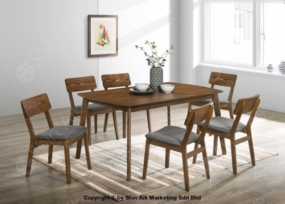 Wooden Dining : DC2216(KD) (6pax) Walnut & Grey Mid-Century Fabric Upholstered Wooden Dining Set