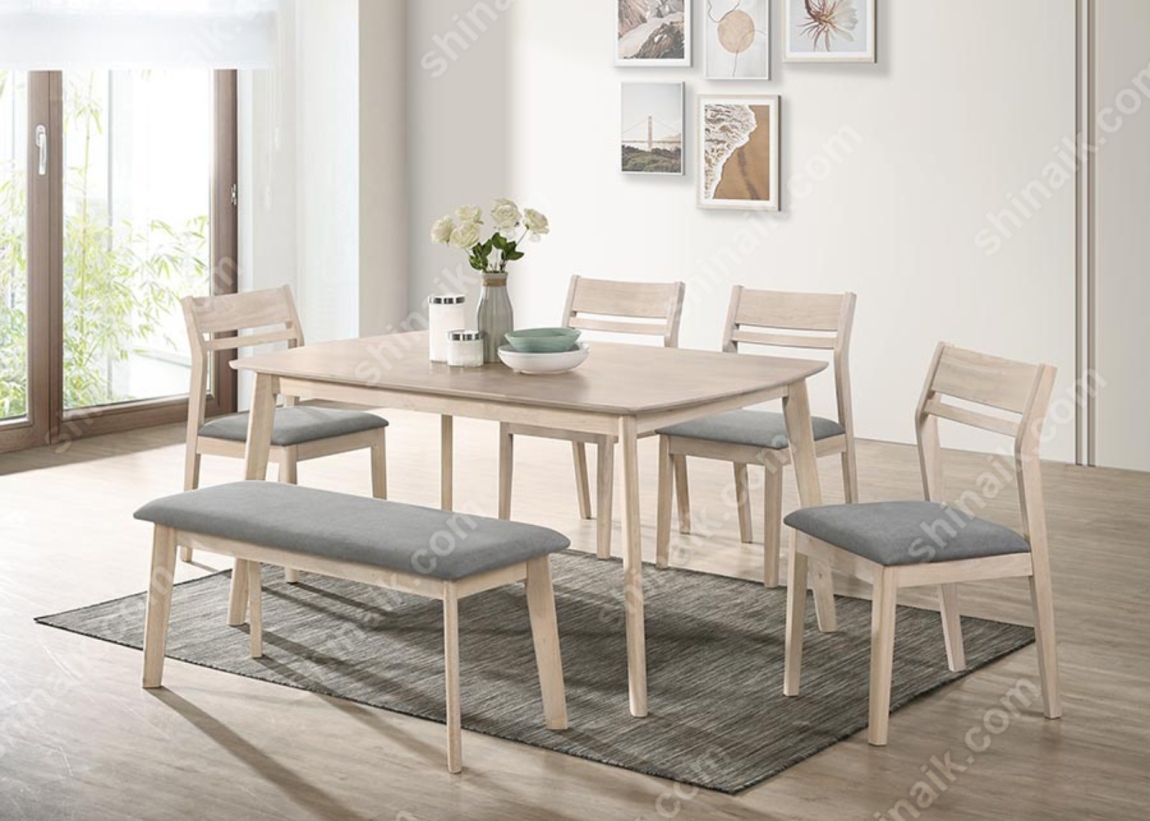 DC2220(KD) (6pax) Whitewash & Grey Mid-Century Fabric Upholstered Wooden Dining Set Bench Dining Table Set Dining Furniture Choose Sample / Pattern Chart