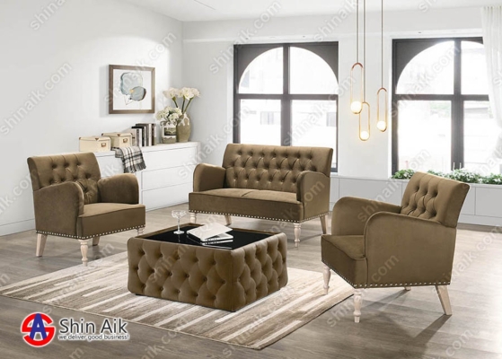 SS2037BR Golden Brown Velvet Tufted Upholstered Wooden Sofa Set