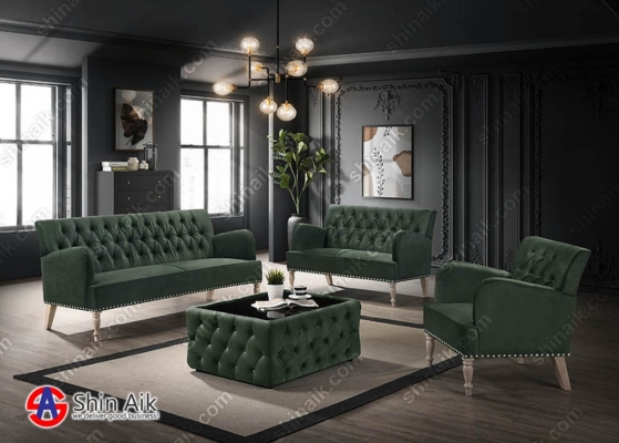 SS2039 Emerald Green Velvet Tufted Upholstered Wooden Sofa Set