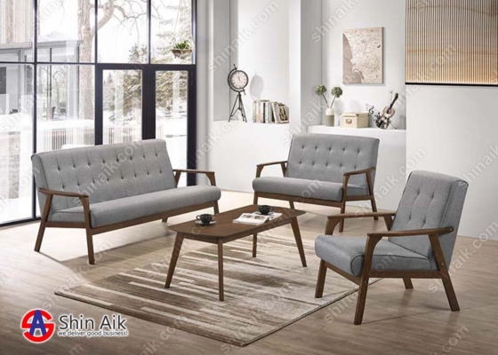 SS2038 (6pax) Grey & Walnut Mid-Century Fabric Upholstered Wooden Sofa Set & Coffee Table