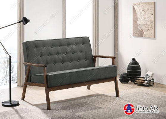 SS2073-2GY Dark Grey & Walnut Mid-Century Fabric Upholstered 2 Seater Wooden Sofa