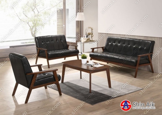 SS2071 (6pax) Black & Merlot (Walnut) Mid-Century PU Faux Leather Upholstered Wooden Sofa Set & Coffee Table