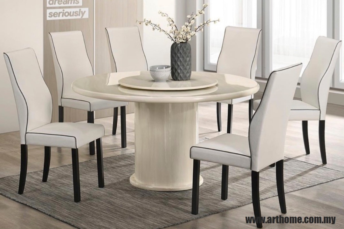 LORENZO ROUND MARBLE DINING SET 1+6 (1350T&L + H6036) 6 Seater Marble / Stone Material Dining Set (Round) Dining Furniture Choose Sample / Pattern Chart