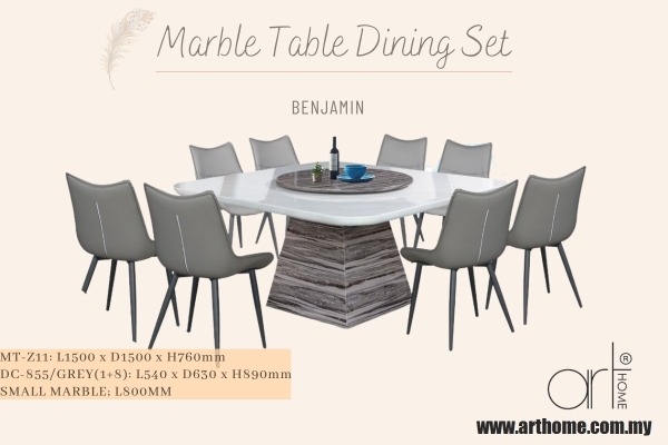 BENJAMIN MARBLE DINING SET 1+8 (MT-Z11+DC-855[GREY])