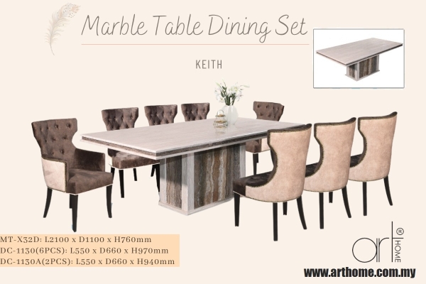 KEITH Set Meja Makan Marmar 1+8 (MT-X32D +DC-1130(6PCS)+DC-1130A(2PCS))