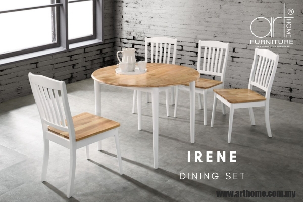 Irene 1+4 Set Meja Makan T3014(100DIA)-Natural+White + C2007-Natural+White