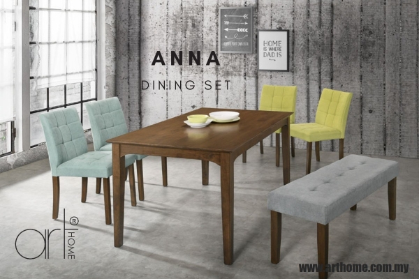 Anna 1+4+1 Set Meja Makan T3009(150X90)-Walnut + C2013-Walnut B2014-Walnut