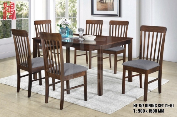 HF 757 + SQT 900 X 1500 (1+6) Rubberwood Dining Chair Dining Table Set 