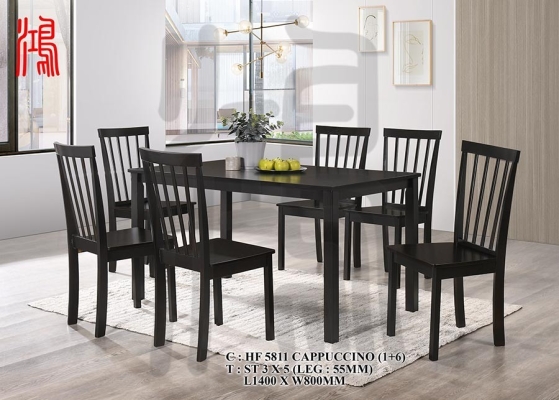 HF 5811 DINING CHAIR + 3' X 5' SOLID TOP TABLE 1+6 CAPPUCCINO WOODEN DINING SET MALAYSIA ʵľ