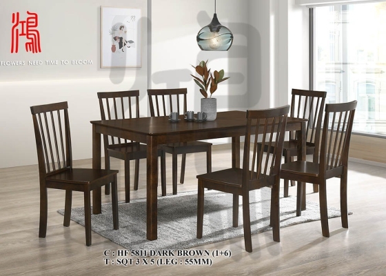 HF 5811 DINING CHAIR + 3' X 5' SOLID TOP TABLE 1+6 WALNUT WOODEN DINING SET MALAYSIA ʵľ