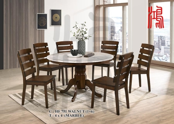 HF 751 DINING CHAIR + 4' ROUND MARBLE TOP DINING TABLE 1+6 WOODEN DINING SET MALAYSIA ʵľ