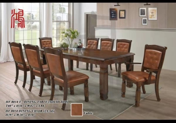 Set Meja Makan Kayu : HF 8014  (1 Table + 2 Armchair + 6 Side Chair) Set Meja Makan Kayu Getah Solid Klasik