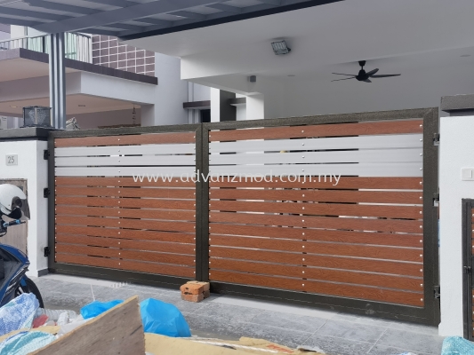 Mild Steel Swing Gate With Wood Grain Aluminium Panels 