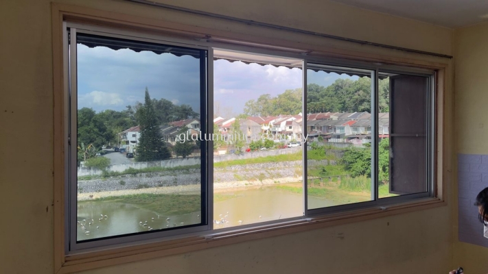 sliding windows 4 panel ( aluminium silver + dark glass) @Taman Megah