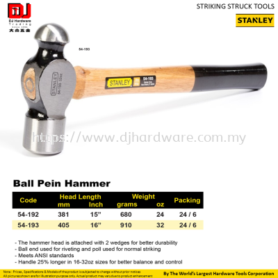 STANLEY STRIKING STRUCK TOOLS BALL PEIN HAMMER 54192 54193 (CL)