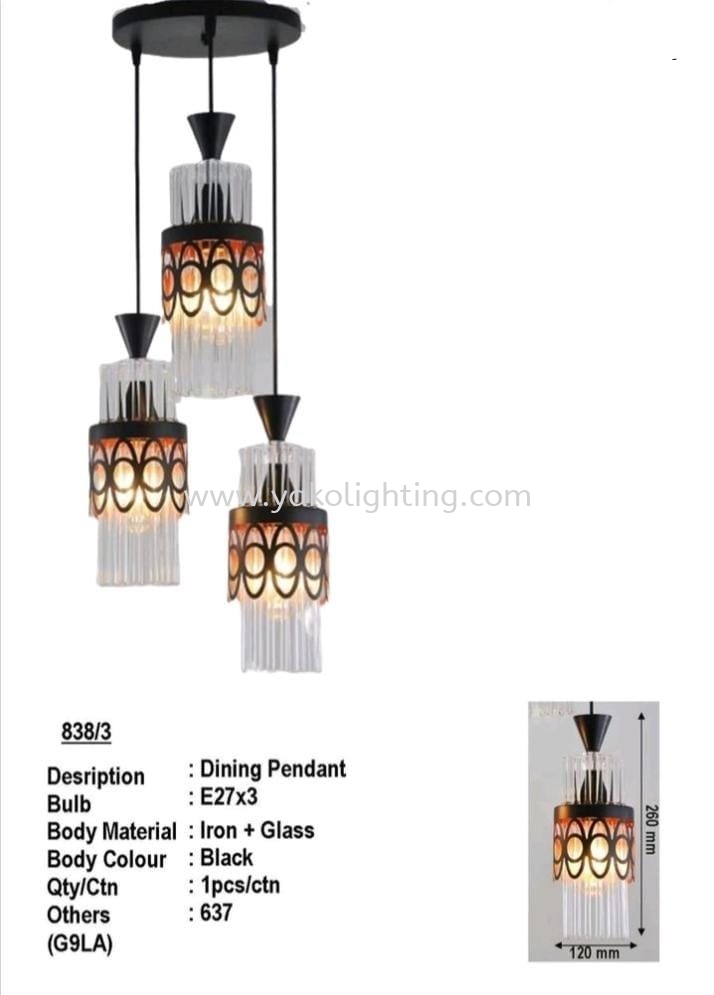 838-3 IRON BLACK E27 PENDANT LIGHT 