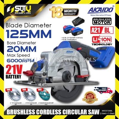 AKAIDO AKCS125BL-B / AKCS125BL 21V 125MM Brushless Cordless Circular Saw 6000RPM with 3 x Blades + 2 x Batteries 4.0Ah + 1 x Charger 